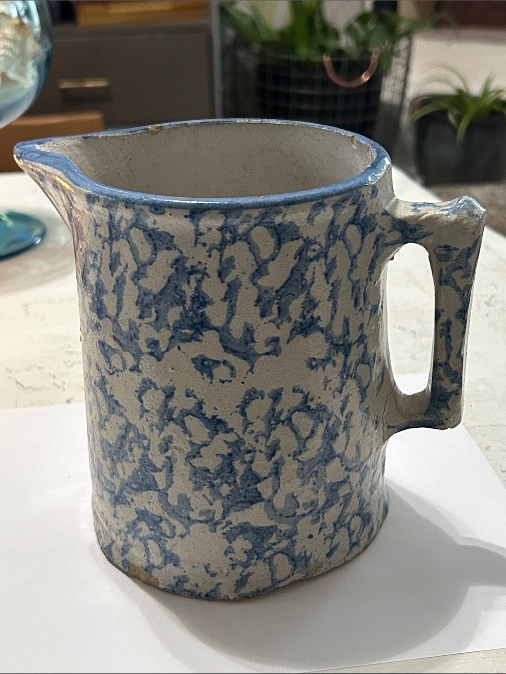 Antique Blue Speckled Ceramic Pitcher